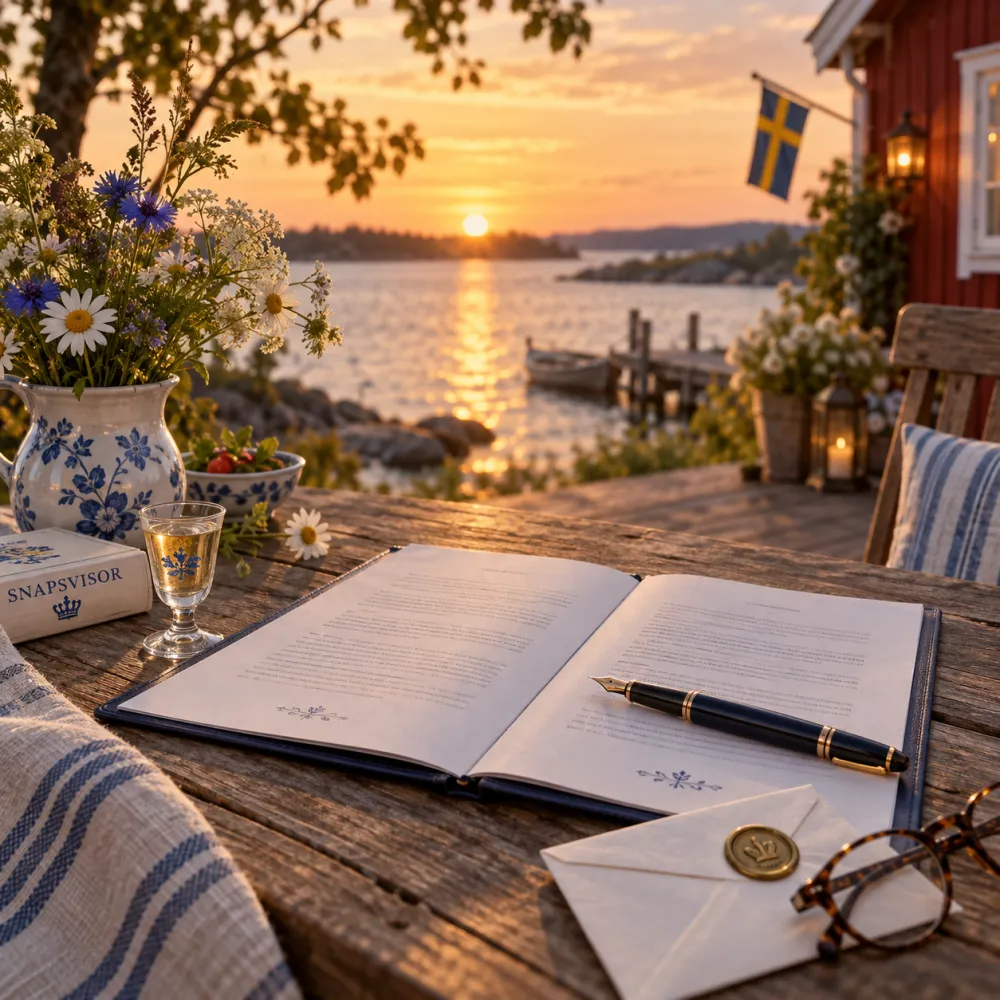 En uppslagen mapp med ett avtal och en reservoarpenna på ett träbord vid en sjö i kvällssol, bredvid ett snapsglas, ett förseglat kuvert och sommarblommor.
