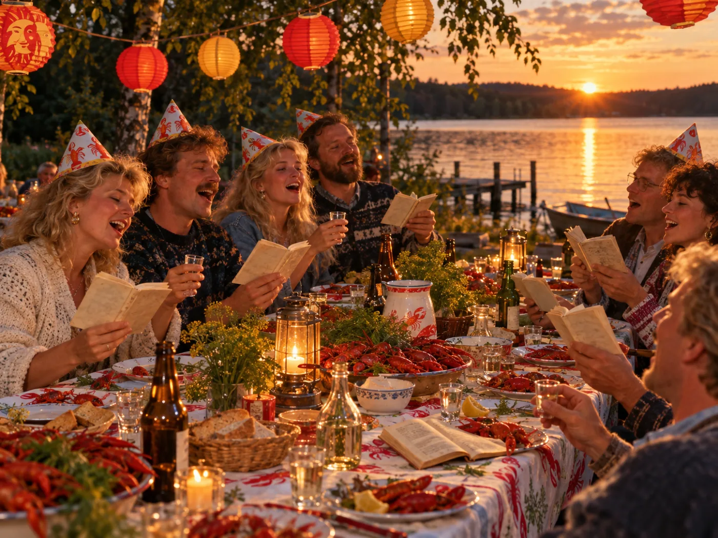 Ett sällskap i kräfthattar sjunger ur små sånghäften vid ett kräftskivebord vid en sjö i solnedgång, under papperslyktor och med kräftor, snapsglas och lyktor på bordet.