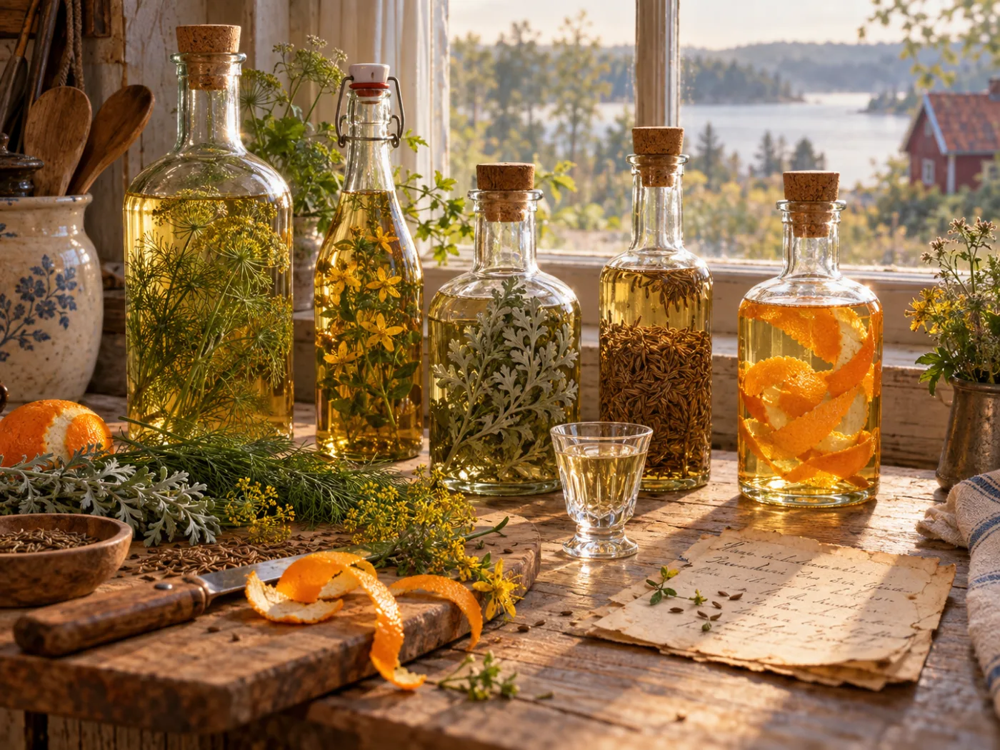 Flaskor med hemkryddat brännvin på en köksbänk vid ett fönster mot en sjö, med dill, johannesört, malört, kummin och apelsinskal i flaskorna, ett snapsglas och ett handskrivet recept framför.