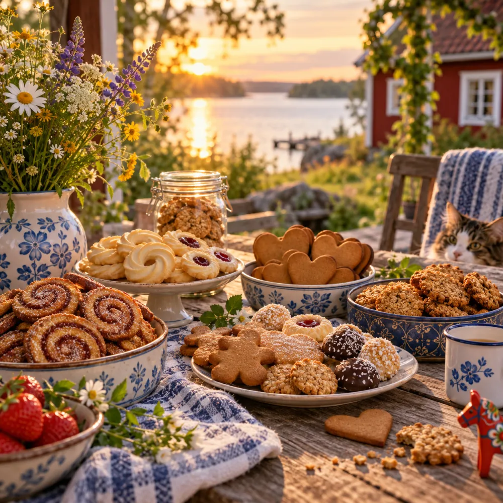 Fat med svenska småkakor, kanelbullar och pepparkakor på ett träbord vid en sjö i kvällssol, med sommarblommor och en nyfiken katt.