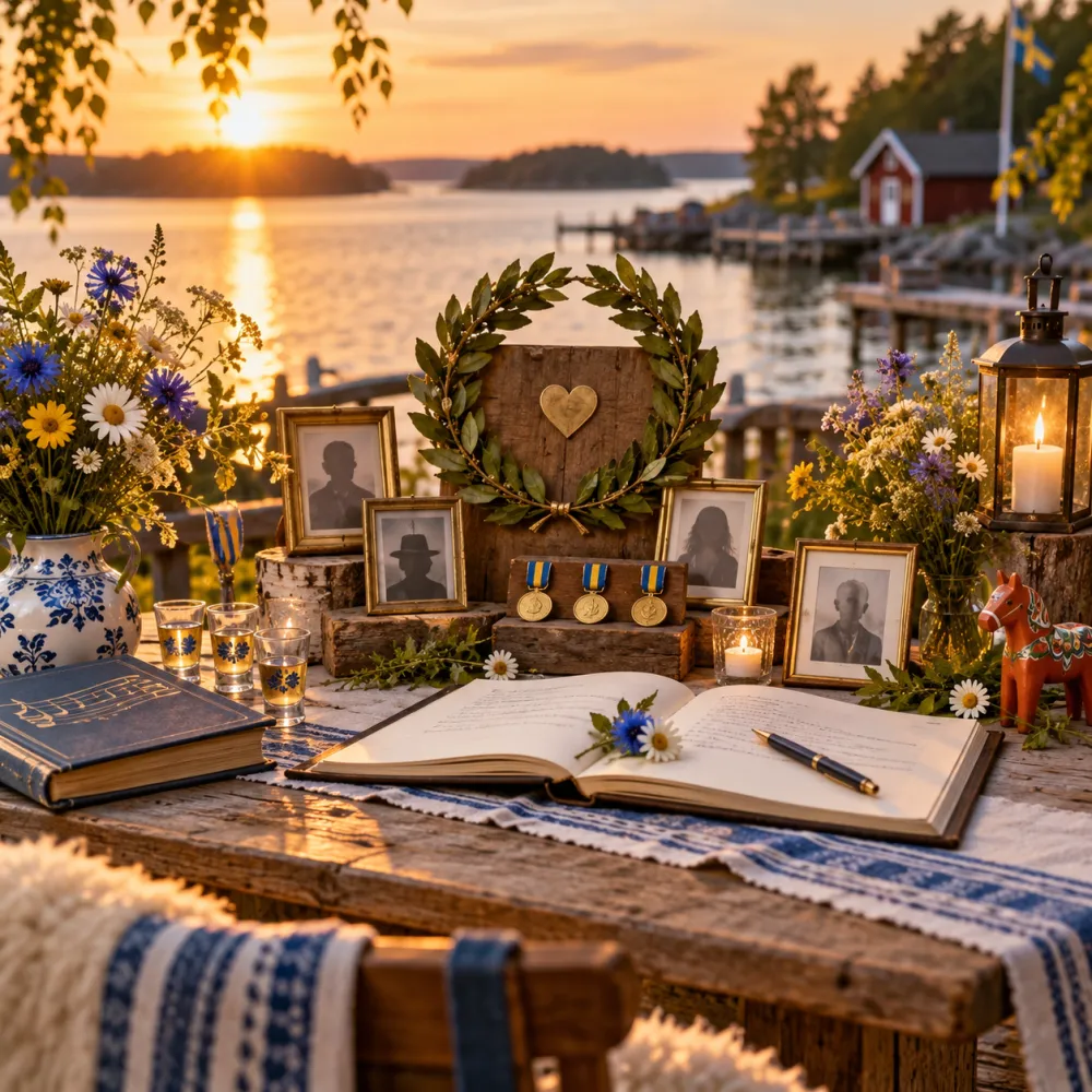 Ett litet hedersaltare på ett träbord vid havet i kvällssol: en lagerkrans, tre medaljer, inramade porträtt, en uppslagen gästbok med penna, snapsglas och sommarblommor.