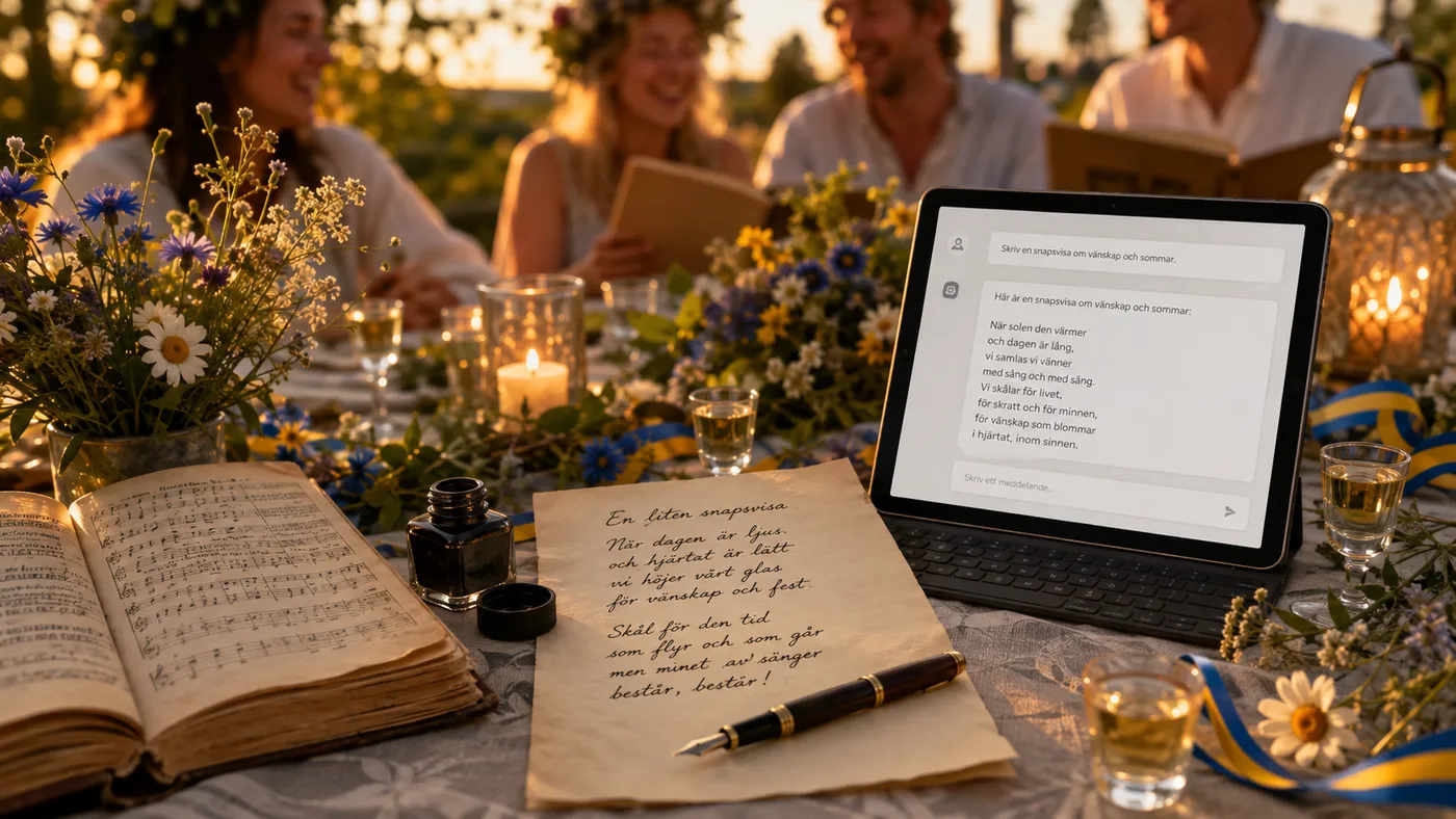 Midsommarbord i kvällssol med en handskriven snapsvisa och reservoarpenna bredvid en surfplatta där en AI föreslår en ny visa.