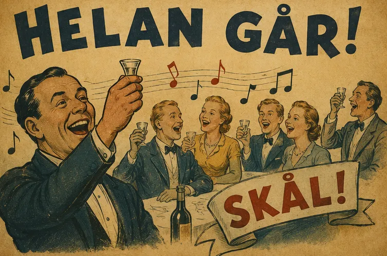 Affisch i retrostil med texten Helan går, en man som höjer snapsglaset och ett sällskap som sjunger.