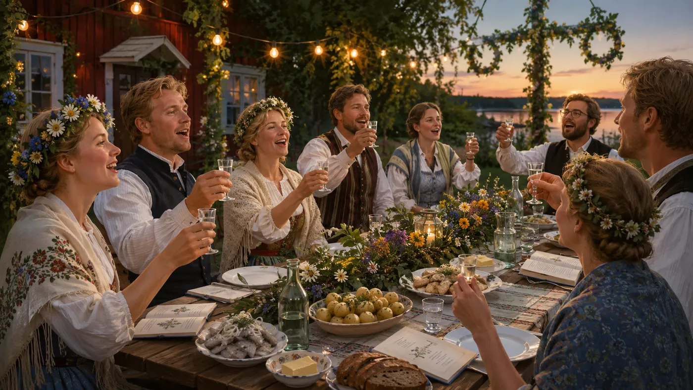 Midsommarfirande vid ett dukat långbord i sommarkväll, där gästerna med blomsterkransar höjer snapsglasen och sjunger.