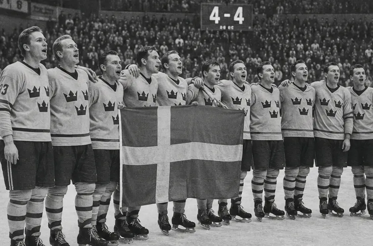Det svenska ishockeylandslaget står på isen med svenska flaggan och sjunger, resultattavlan visar 4–4.