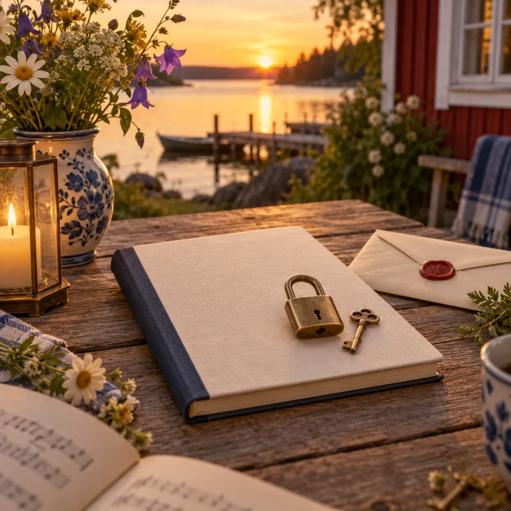 En stängd bok med ett litet hänglås och en nyckel på ett träbord vid en sjö i kvällssol, bredvid ett förseglat kuvert, en lykta och sommarblommor.