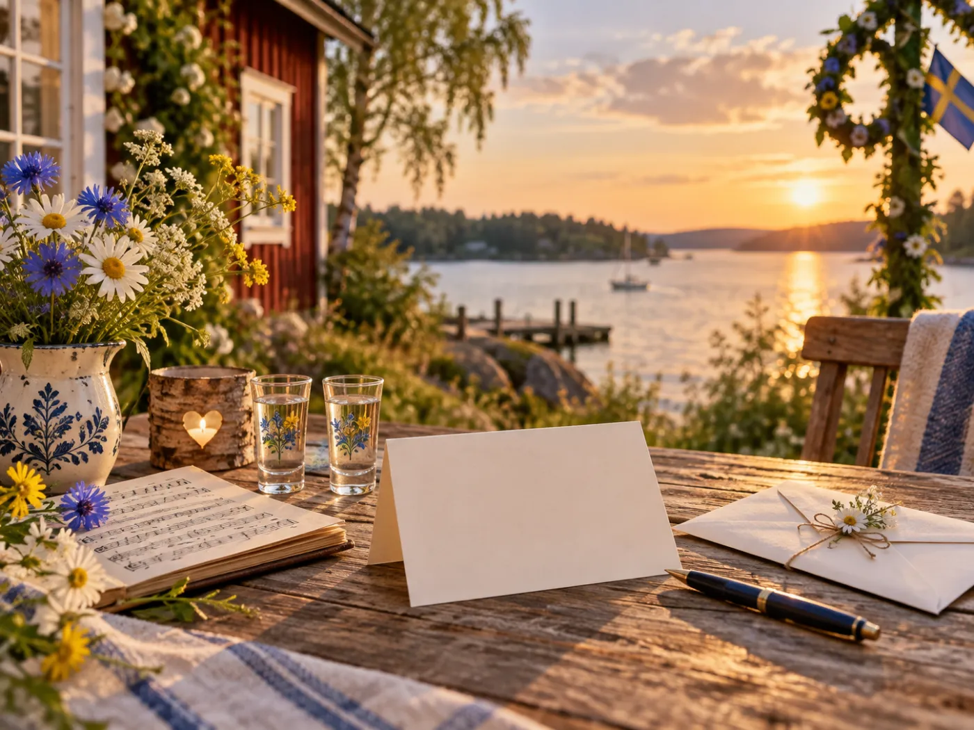 Ett tomt kort och en reservoarpenna på ett träbord vid en sjö i kvällssol, bredvid en notbok, två snapsglas och en bukett sommarblommor.