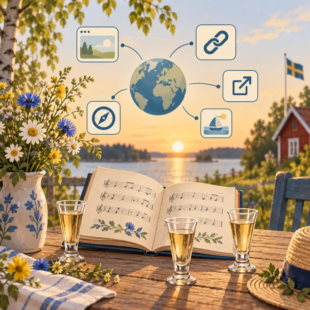 Uppslagen notbok och snapsglas på ett bord vid en sjö i kvällssol, med en jordglob och länksymboler i himlen ovanför.