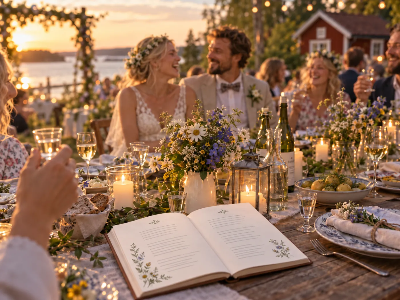 Uppslaget sånghäfte på ett bröllopsbord utomhus i kvällssol, med brudparet skrattande i bakgrunden.