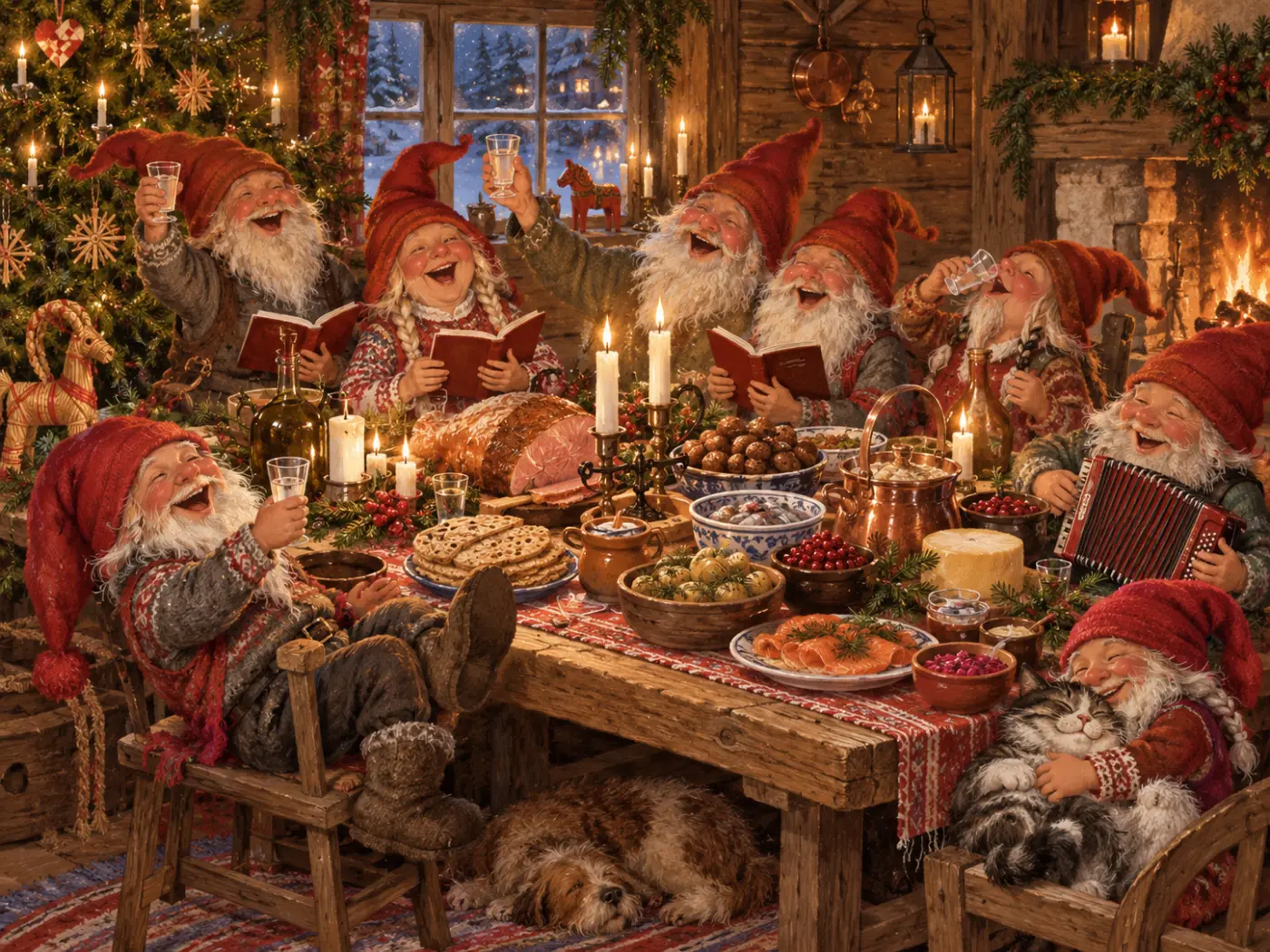 Illustration av tomtar som sjunger ur sångböcker och skålar kring ett dukat julbord med skinka, sill och lax i en stuga.