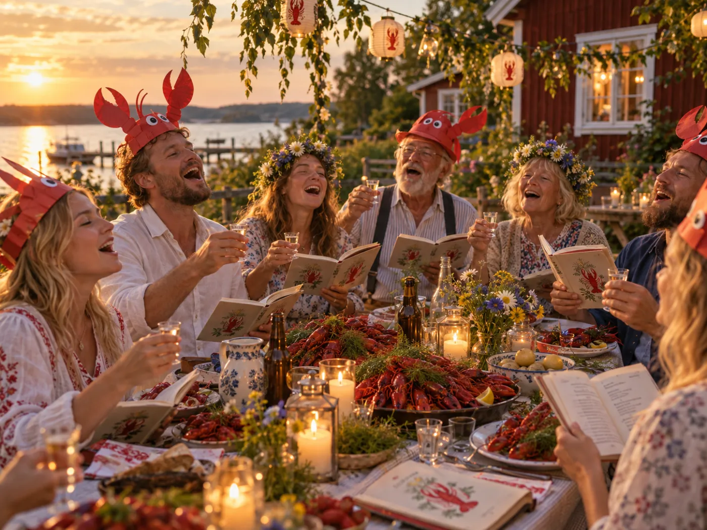 Kräftskiva vid vattnet i solnedgång: gäster med kräfthattar och blomsterkransar sjunger ur sånghäften över ett fat kräftor.