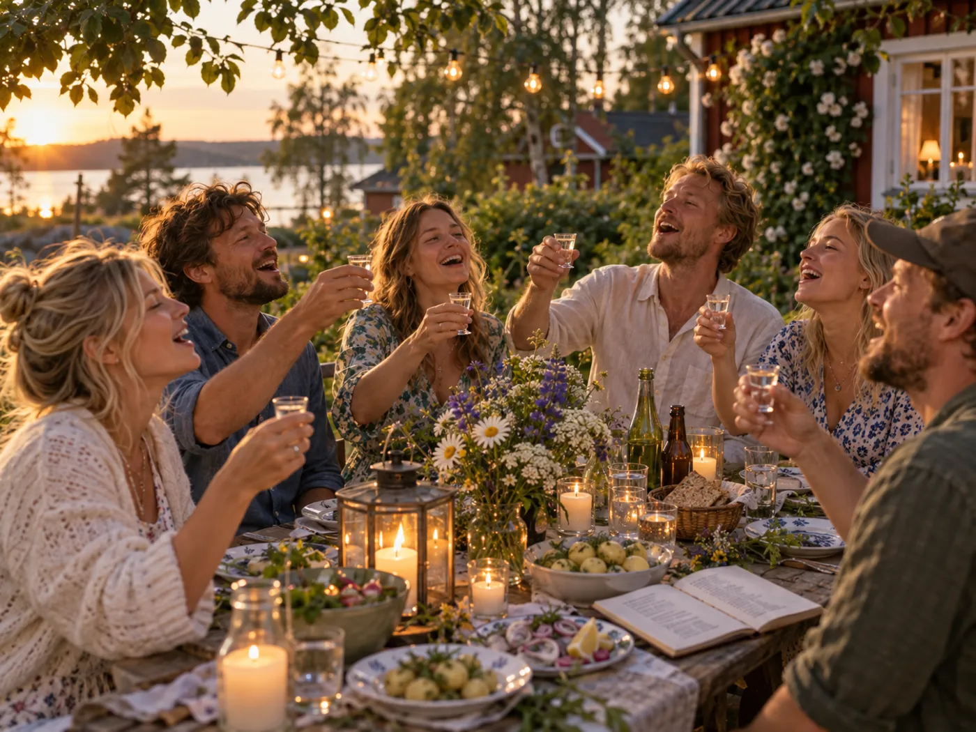 Sällskap vid ett dukat midsommarbord i kvällssol höjer snapsglasen och sjunger, med ett sånghäfte uppslaget på bordet.