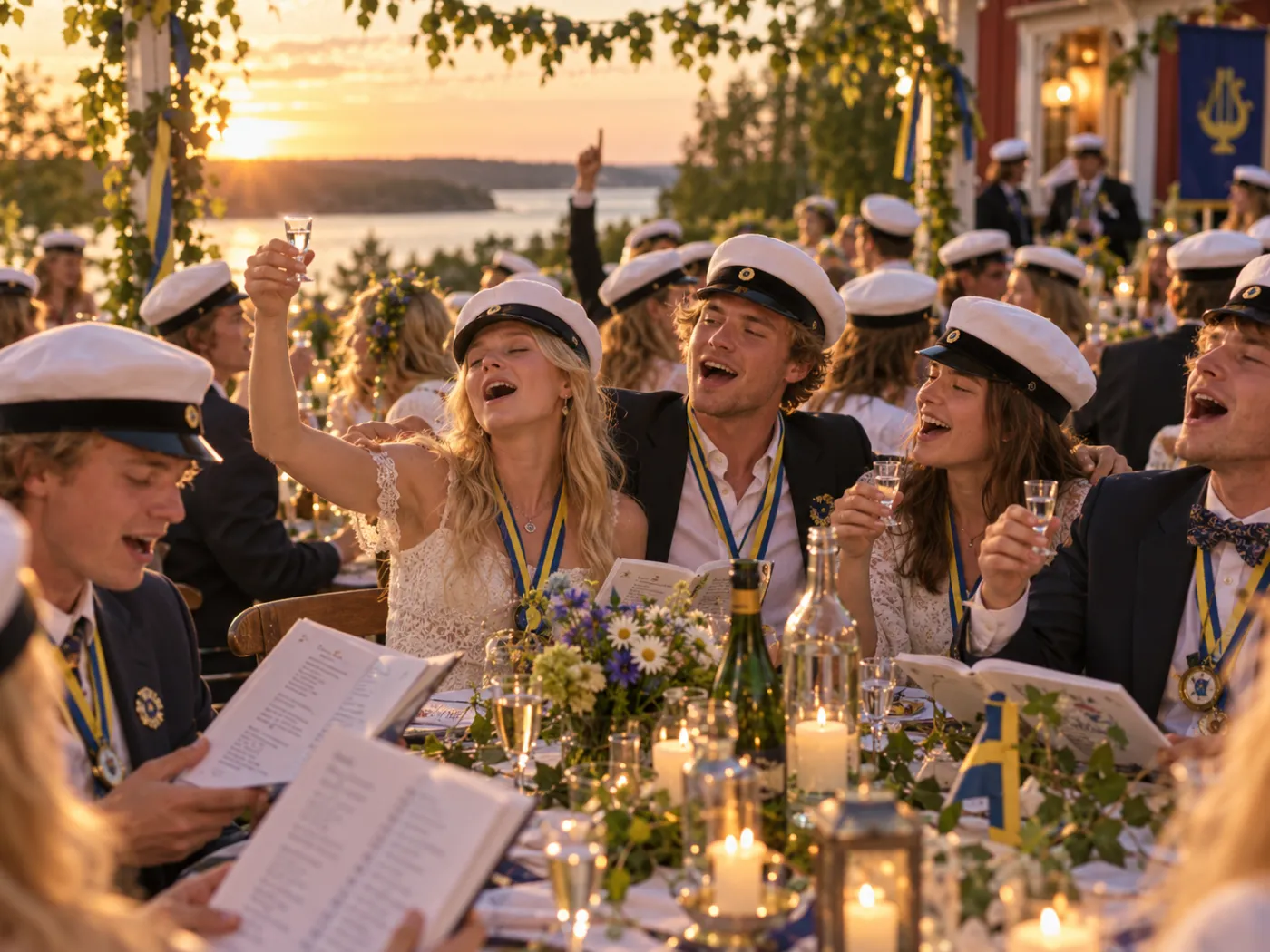 Studenter i vita studentmössor sjunger ur sånghäften och höjer glasen vid en sittning i kvällssol.