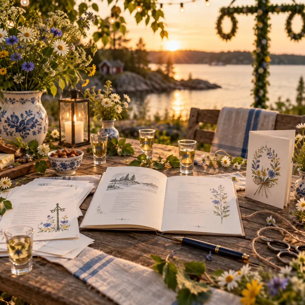 Ett sånghäfte och en mobil med det digitala häftet på ett festbord i kvällssol, med snapsglas och sommarblommor.