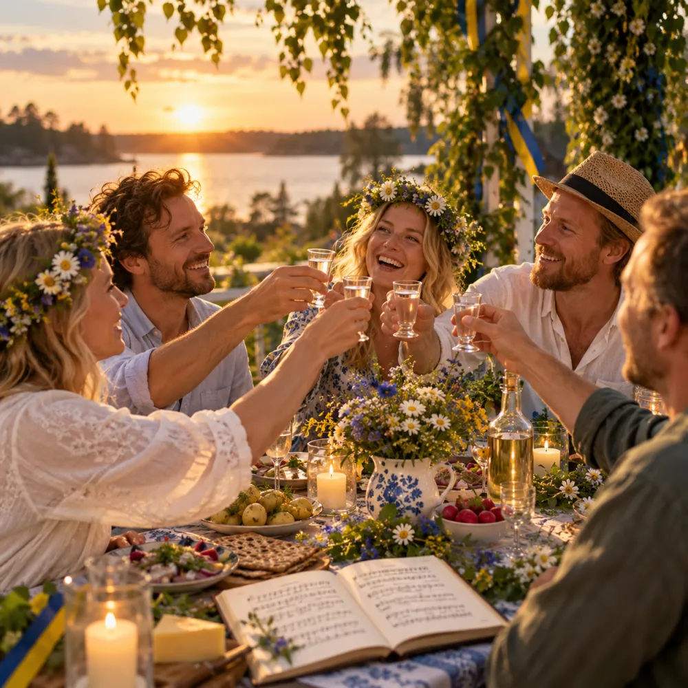 Sällskap med blomsterkransar möter blickarna och höjer snapsglasen i skål vid ett midsommarbord vid vattnet i kvällssol, med en uppslagen sångbok, sill och sommarblommor.