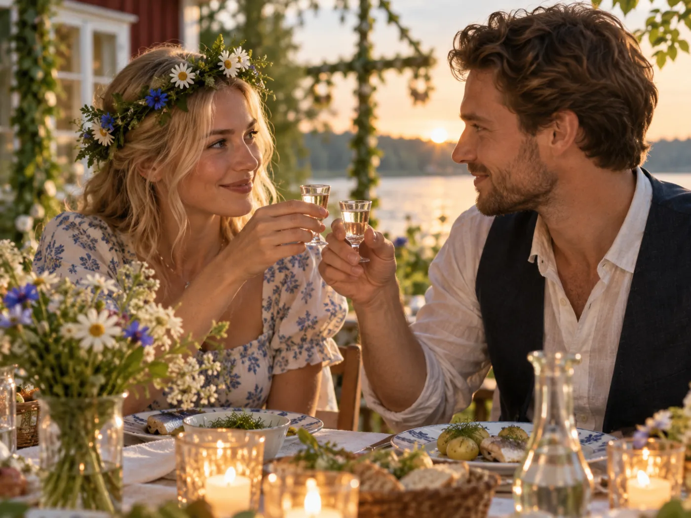 En kvinna med blomsterkrans och en man möter blickarna och skålar med höjda snapsglas vid ett dukat midsommarbord i kvällssol.