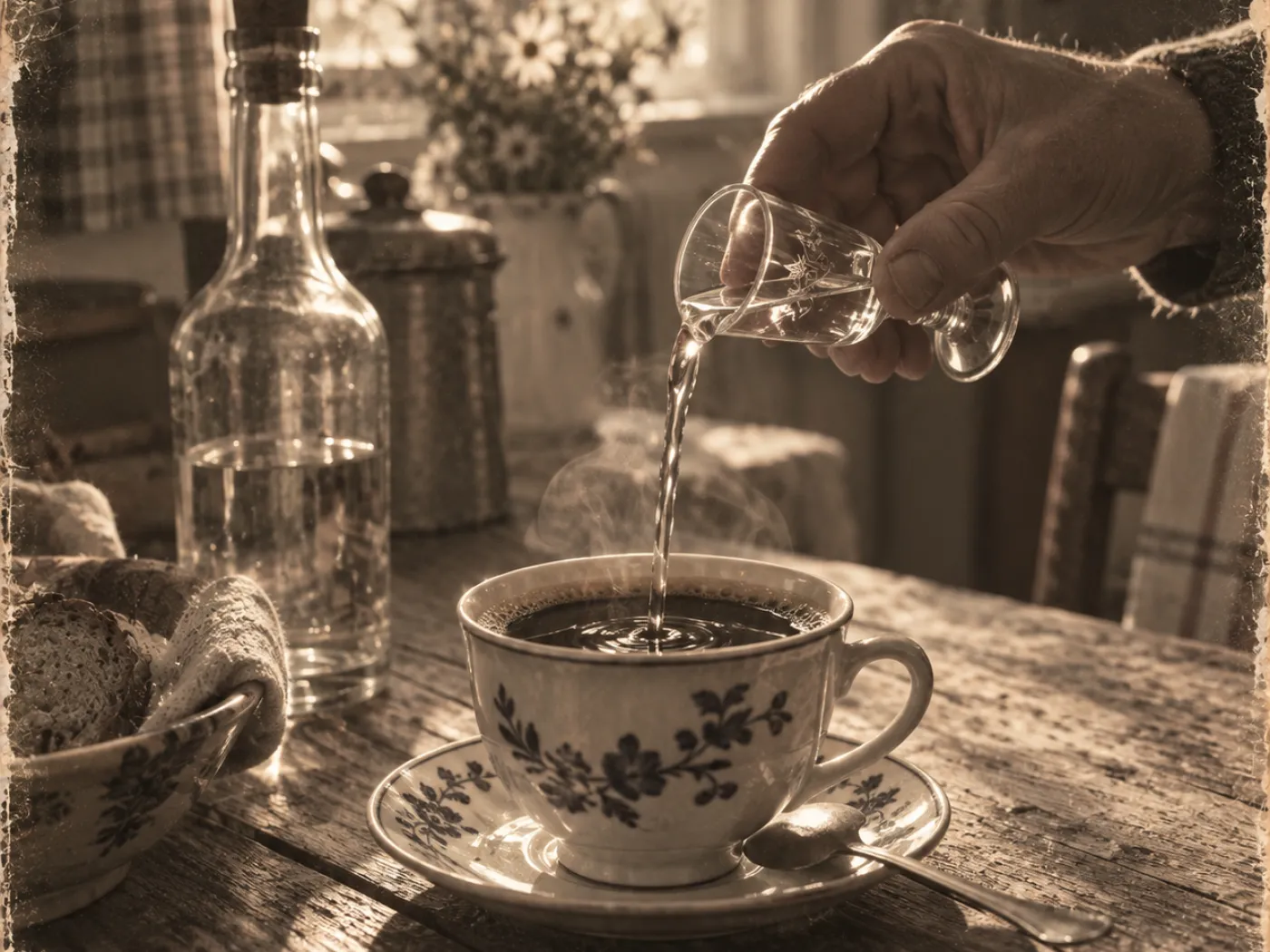 En hand häller en liten snaps ur ett snapsglas i en kaffekopp på ett köksbord i morgonljus.