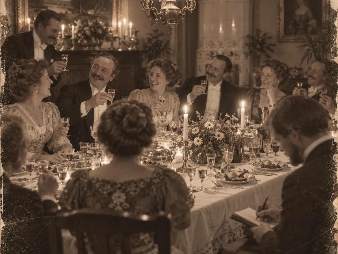 Festmiddag i en värmländsk herrgårdsmatsal omkring 1908: damer och herrar i aftonkläder höjer snapsglasen vid ett långbord med ljus och blommor, medan en gäst i förgrunden antecknar.