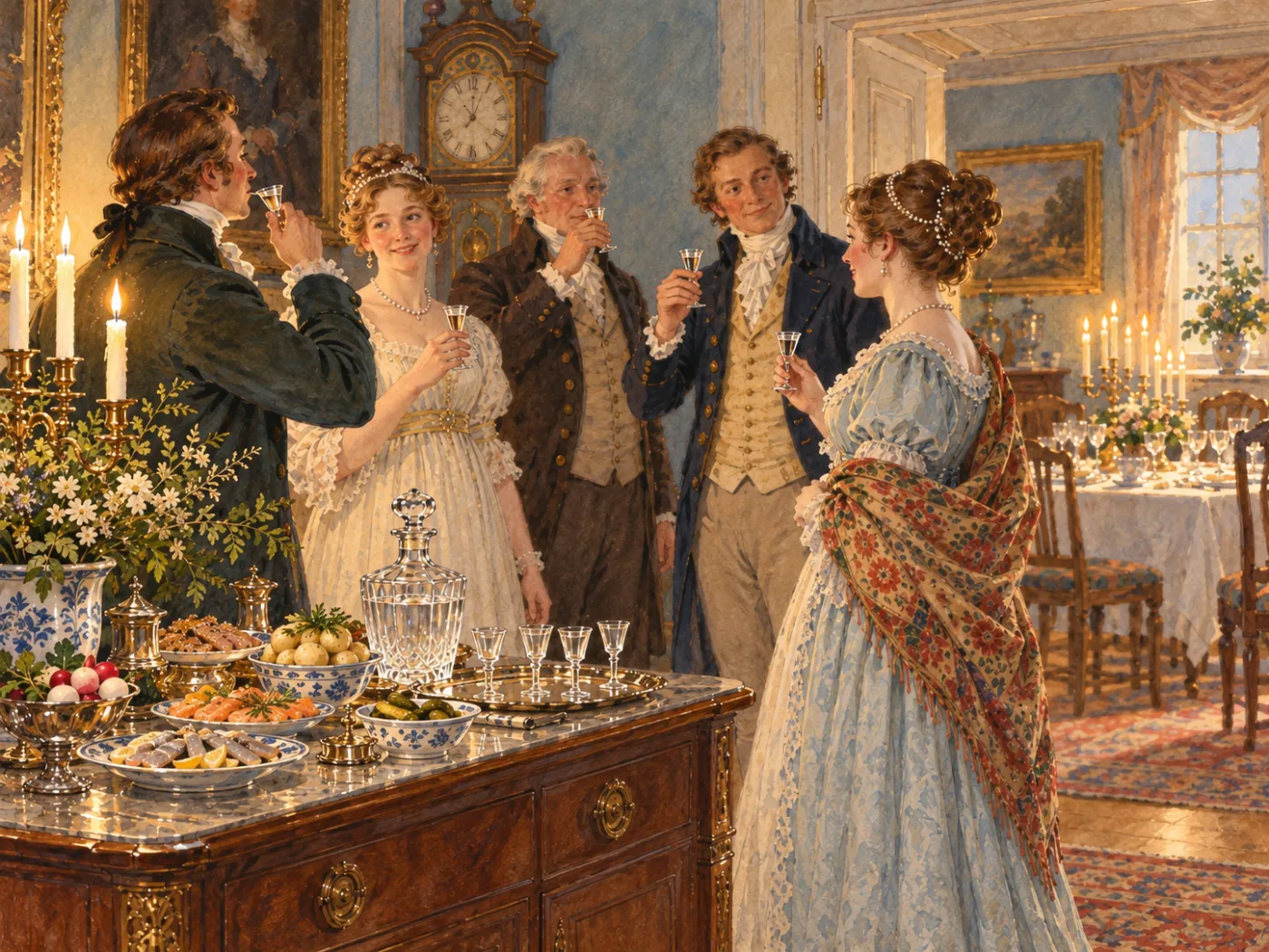 Gäster i empirekläder står vid ett brännvinsbord i en borgerlig matsal omkring 1800 och tar aptitsupen ur små glas, med tilltugg och en karaff på en byrå och det dukade middagsbordet i bakgrunden.