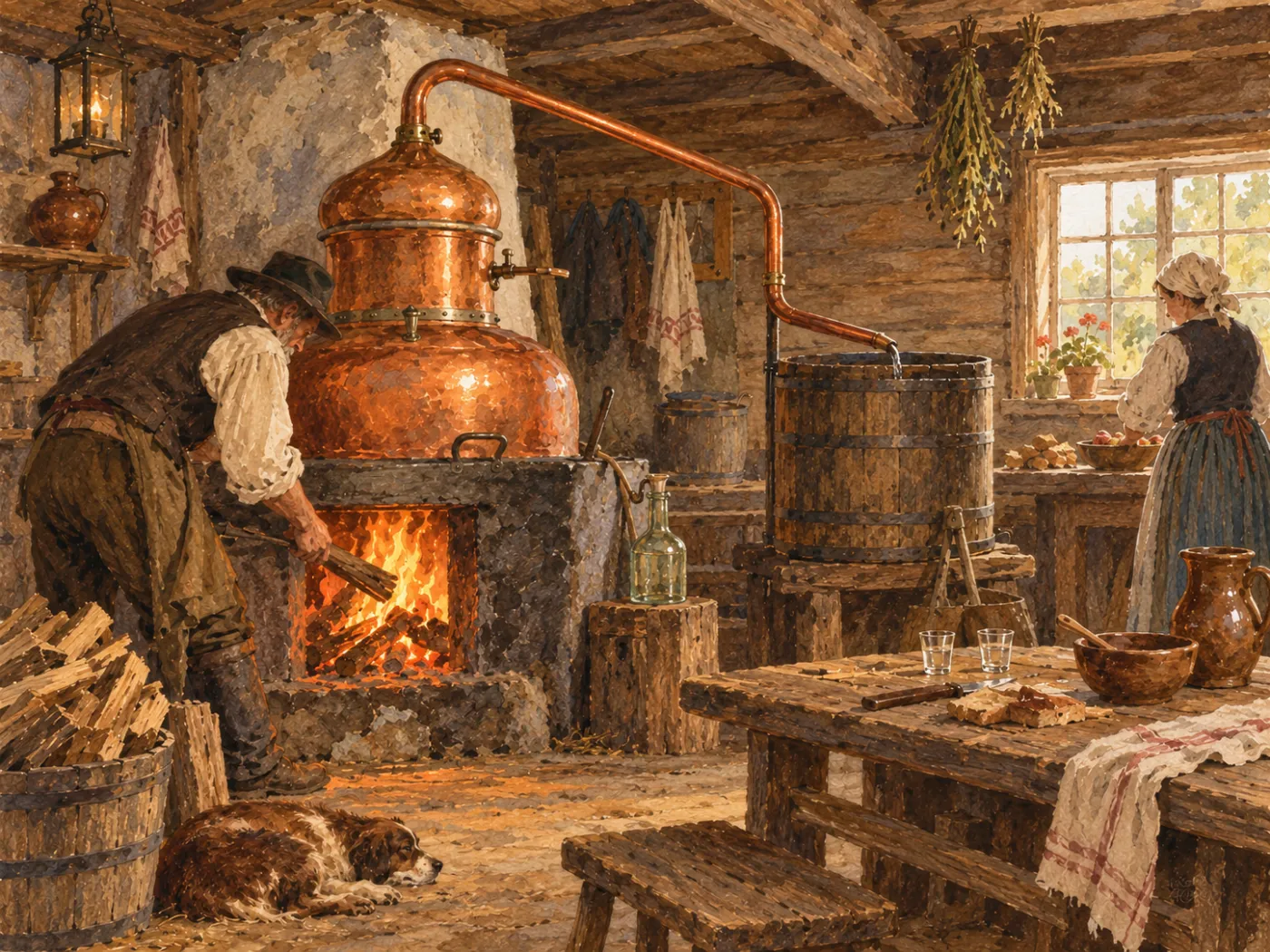 En man eldar under en kopparpanna för husbehovsbränning i en bondstuga omkring 1830, med kylfat, flaska och små glas på bordet och en kvinna vid fönstret.