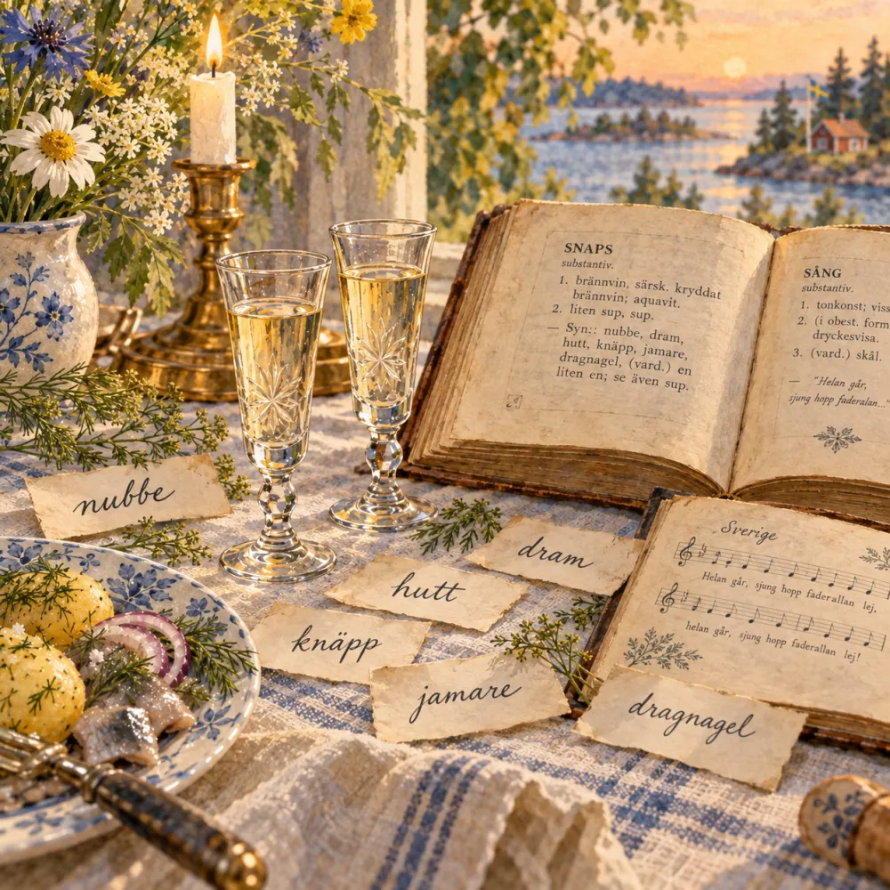 Två snapsglas bredvid en uppslagen äldre ordbok och ett sånghäfte på ett dukat svenskt festbord, med handskrivna lappar med orden nubbe, hutt, dram, knäpp, jamare och dragnagel.