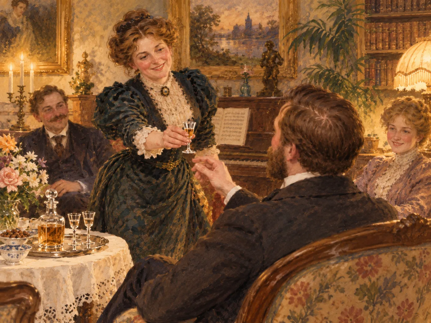 En leende värdinna i en salong på 1890-talet räcker fram ett litet snapsglas till en sittande gäst, med karaff och glas på ett spetsdukat bord och ett piano i bakgrunden.
