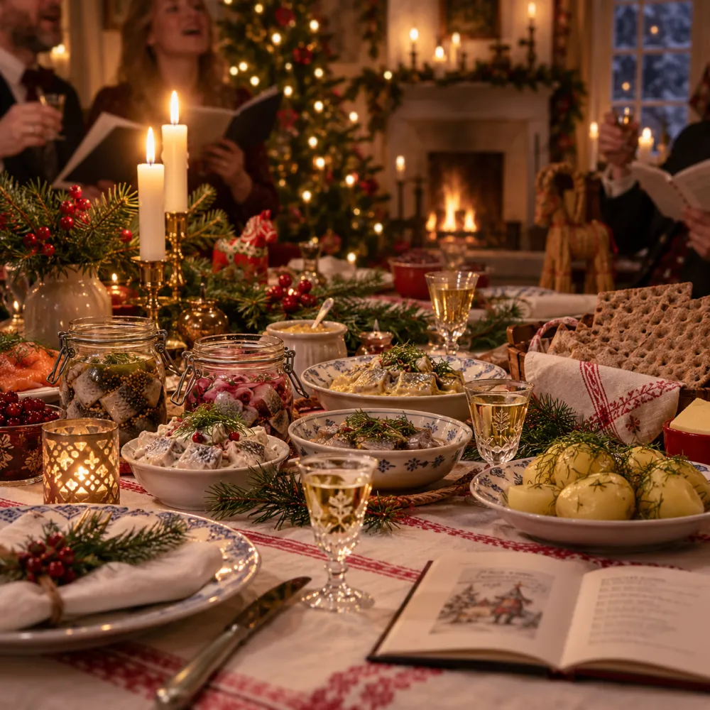Julbord med sill, lax, potatis och snapsglas i levande ljus, ett uppslaget sånghäfte på duken och gäster som sjunger framför granen och brasan.