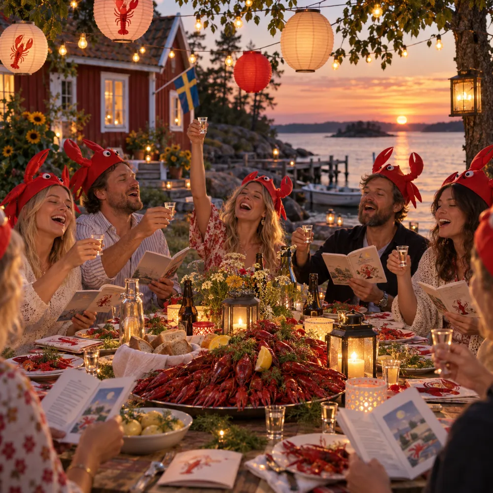 Sällskap med kräfthattar sjunger ur sånghäften och höjer snapsglasen vid ett kräftbord med lyktor och pappersmånar i solnedgången vid havet.