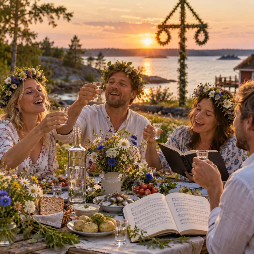 Fyra vänner med blomsterkransar höjer snapsglasen och sjunger ur sångböcker vid ett midsommarbord med sill och färskpotatis, med midsommarstången och solnedgången bakom.