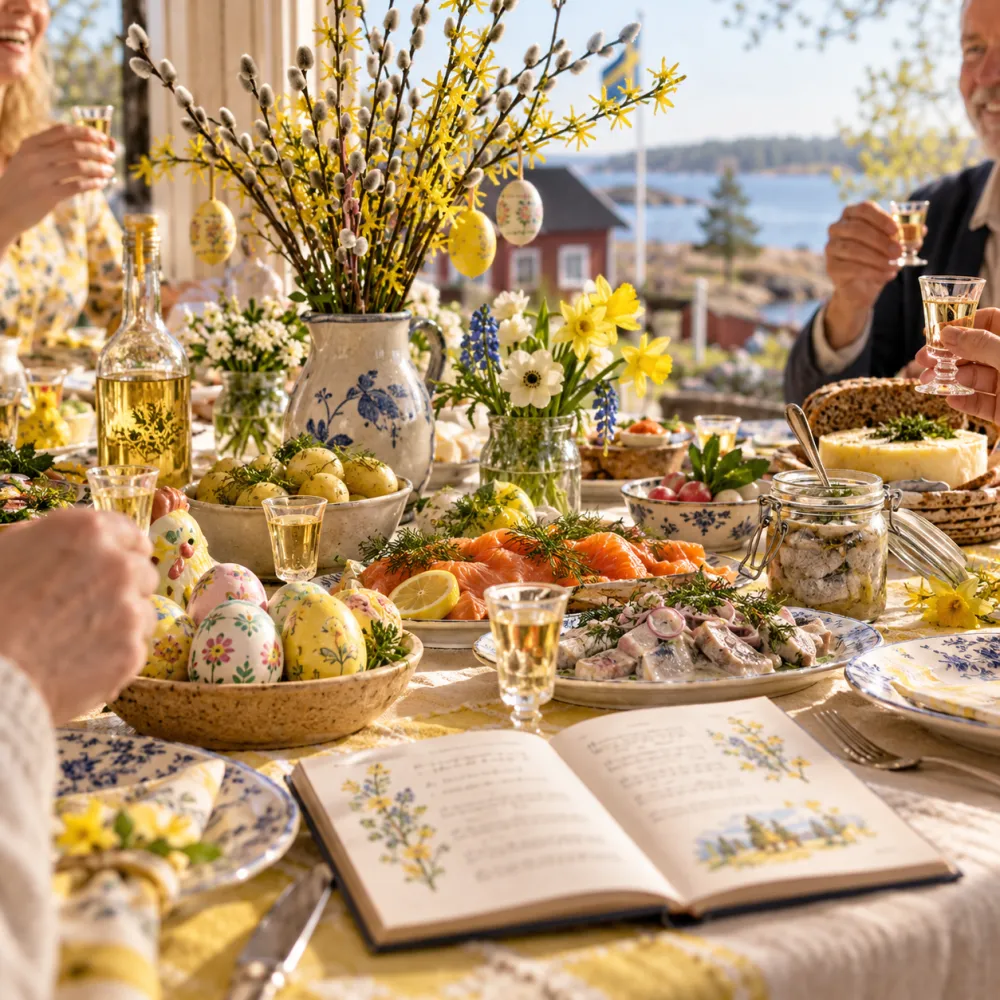 Påskbord i vårsol med målade ägg, lax, sill, påskris med fjädrar och ett uppslaget sånghäfte, medan gästerna höjer snapsglasen.