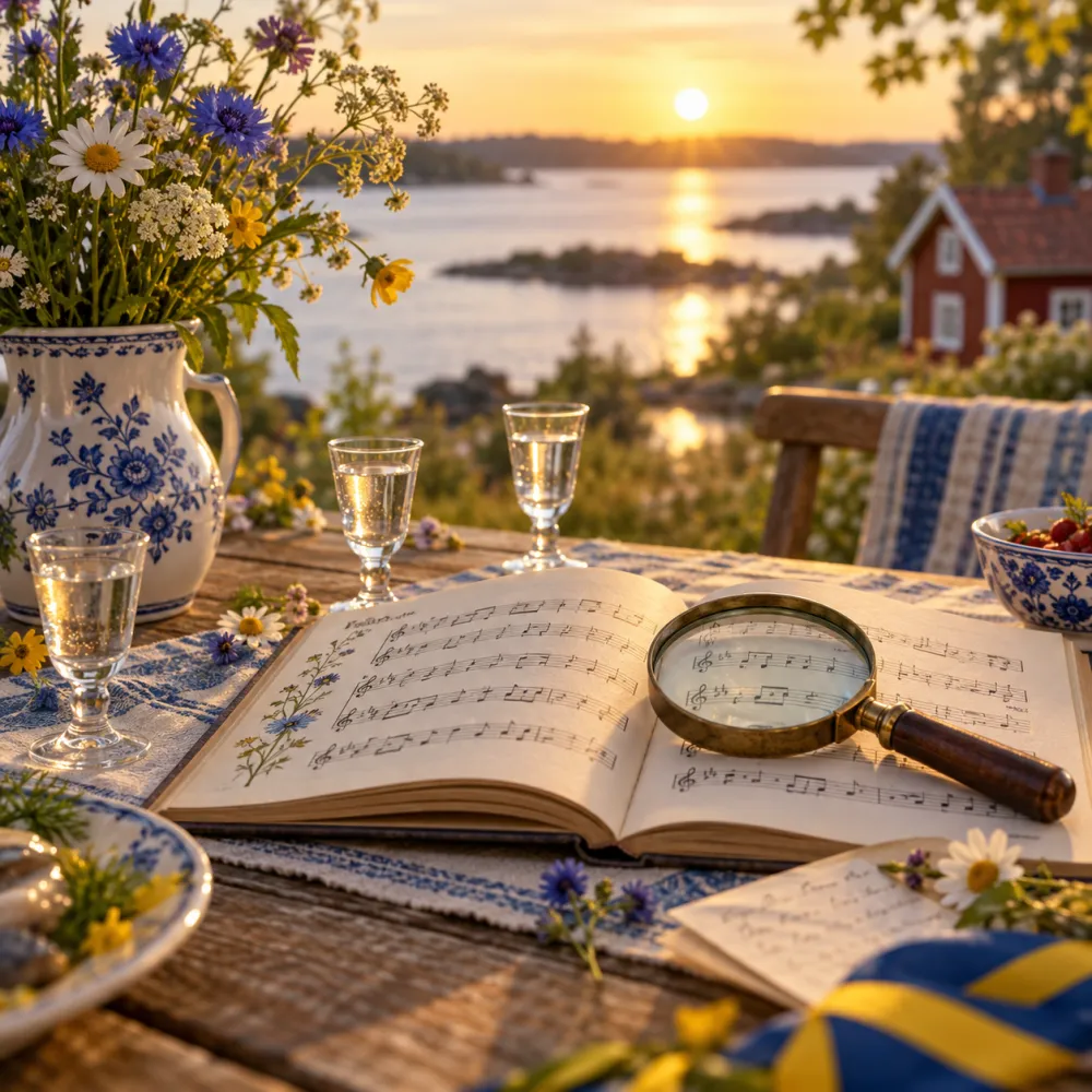 Ett förstoringsglas på en uppslagen notbok på ett träbord vid en sjö i kvällssol, bredvid snapsglas och en kanna med sommarblommor.
