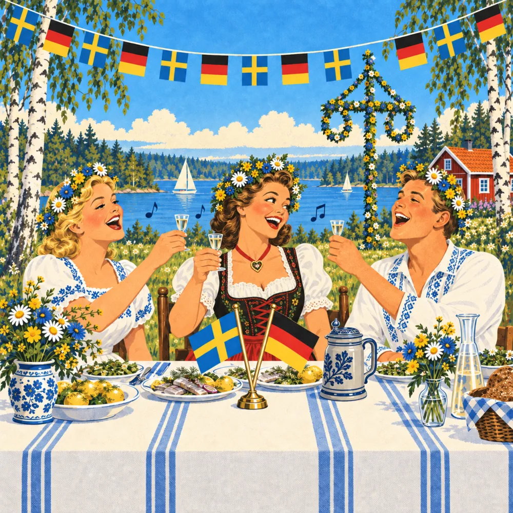 Illustration im Stil eines alten Reiseplakats: eine deutsche Besucherin im Dirndl mit schwedischem Mittsommerkranz hebt ein kleines Snapsglas zwischen zwei singenden schwedischen Gastgebern, auf dem Tisch Hering, ein Bierkrug und kleine schwedische und deutsche Flaggen.