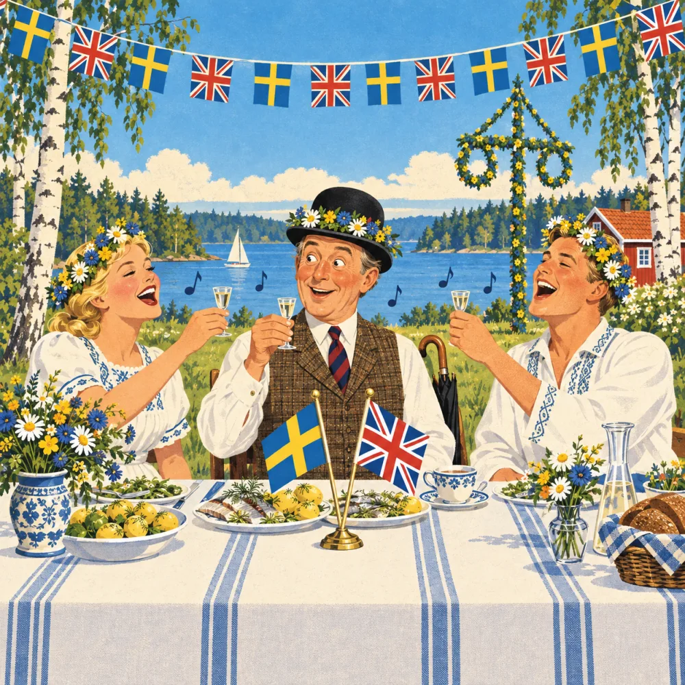 Vintage poster illustration of an English gentleman in a bowler hat crowned with a Swedish midsummer wreath, raising a small snaps glass between two singing Swedish hosts at a lakeside table with herring, a teacup and small Swedish and British flags.