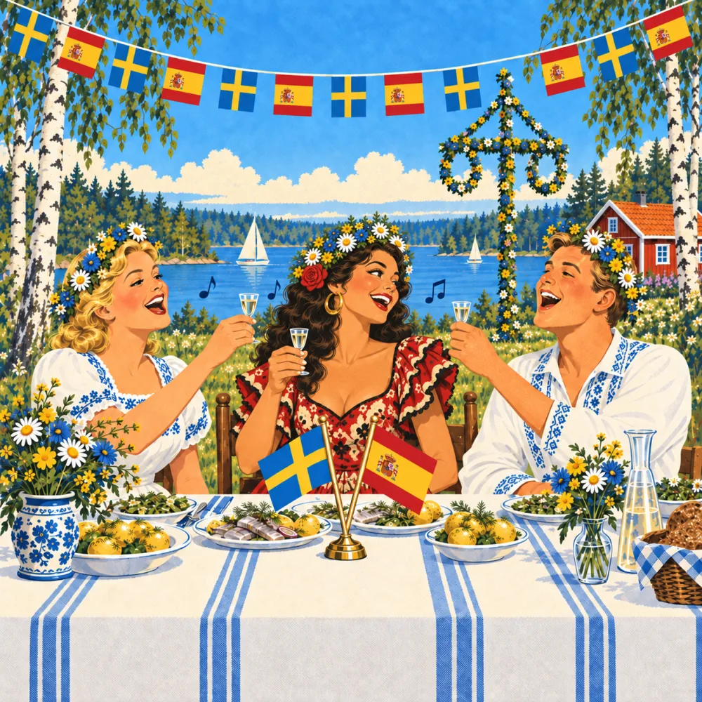 Ilustración al estilo de un antiguo cartel de viajes: una invitada española con vestido de flamenca y corona sueca de flores de Midsommar levanta un vasito de snaps entre dos anfitriones suecos que cantan, en una mesa junto al lago con arenque, patatas nuevas y banderitas de Suecia y España.