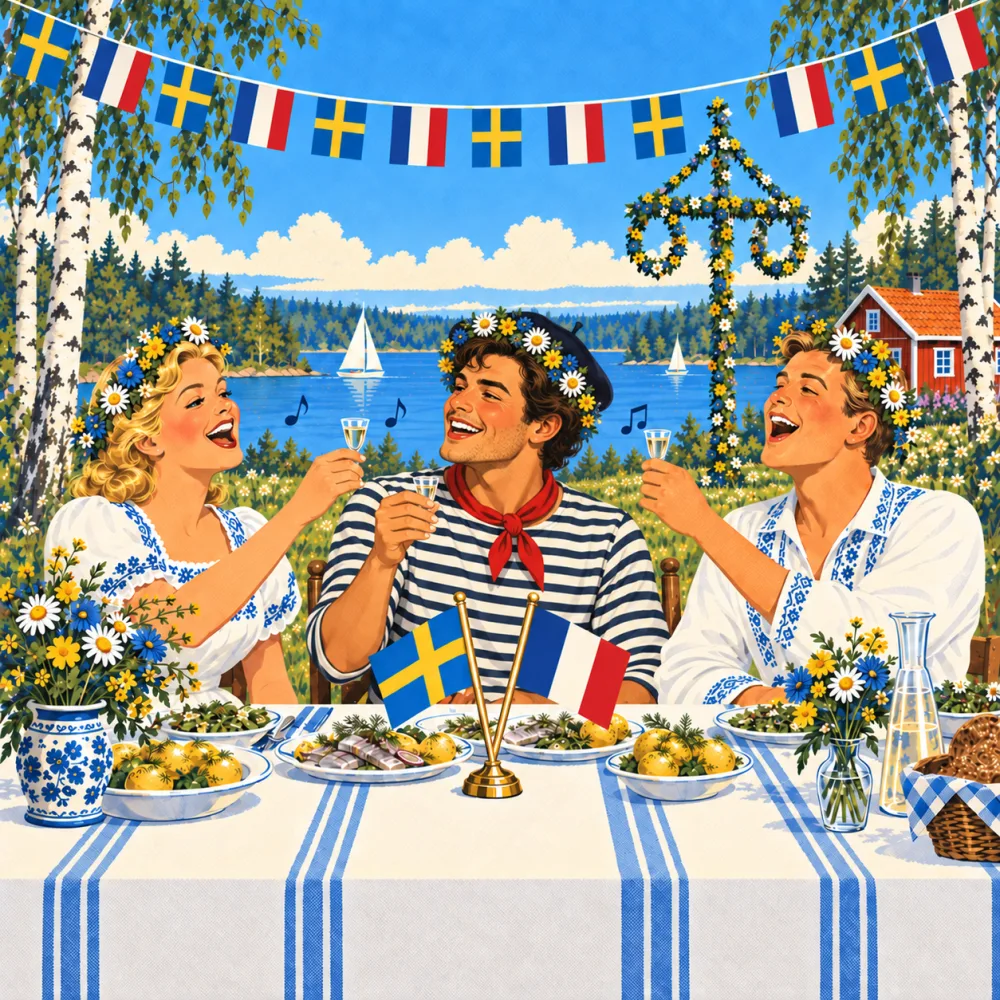Illustration façon affiche de voyage rétro&nbsp;: à une table de Midsommar au bord d’un lac, un invité français en marinière et béret lève son verre de snaps entre deux hôtes suédois qui chantent.