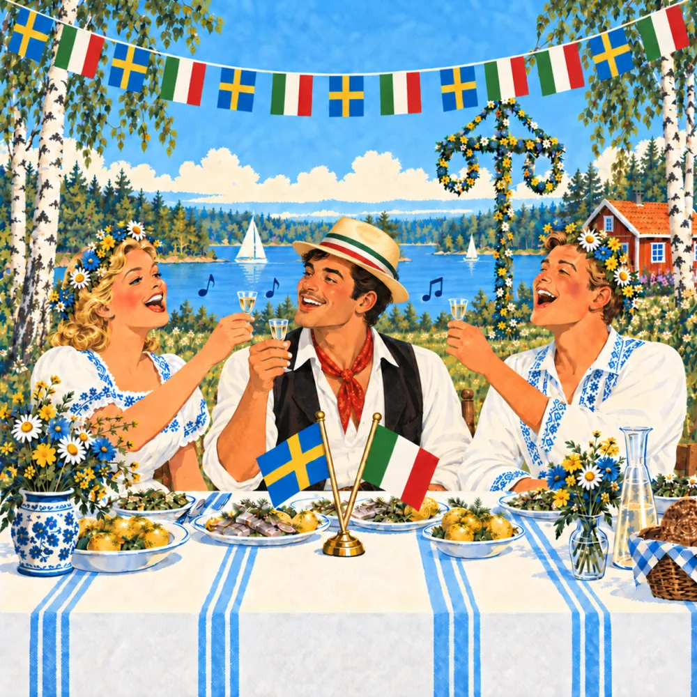 Illustrazione in stile manifesto turistico d’epoca: un ospite italiano con paglietta con nastro tricolore e fazzoletto rosso al collo alza un bicchierino di snaps tra due padroni di casa svedesi che cantano a una tavola di Midsommar in riva al lago; sul tavolo le bandierine di Svezia e Italia.