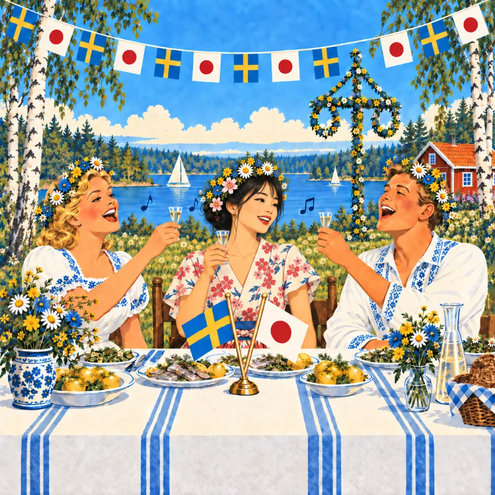 古い観光ポスター風のイラスト。花柄の浴衣に花冠をつけた日本からのゲストが、湖畔の夏至祭の食卓で、歌う二人のスウェーデン人ホストにはさまれてsnapsの小さなグラスを掲げている。テーブルにはスウェーデンと日本の小さな国旗。