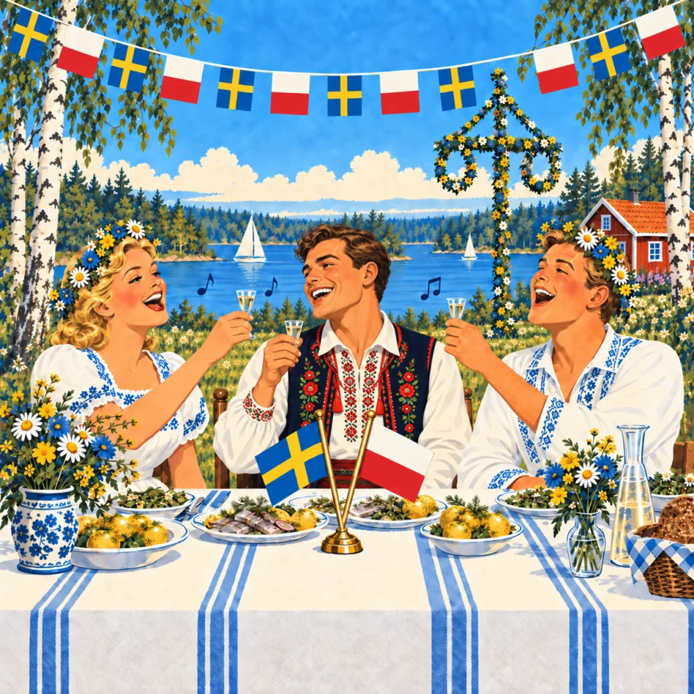 Ilustracja w stylu dawnego plakatu podróżniczego: przy stole na Midsommar nad jeziorem gość z Polski w haftowanym stroju ludowym wznosi kieliszek snapsa między dwojgiem śpiewających szwedzkich gospodarzy.