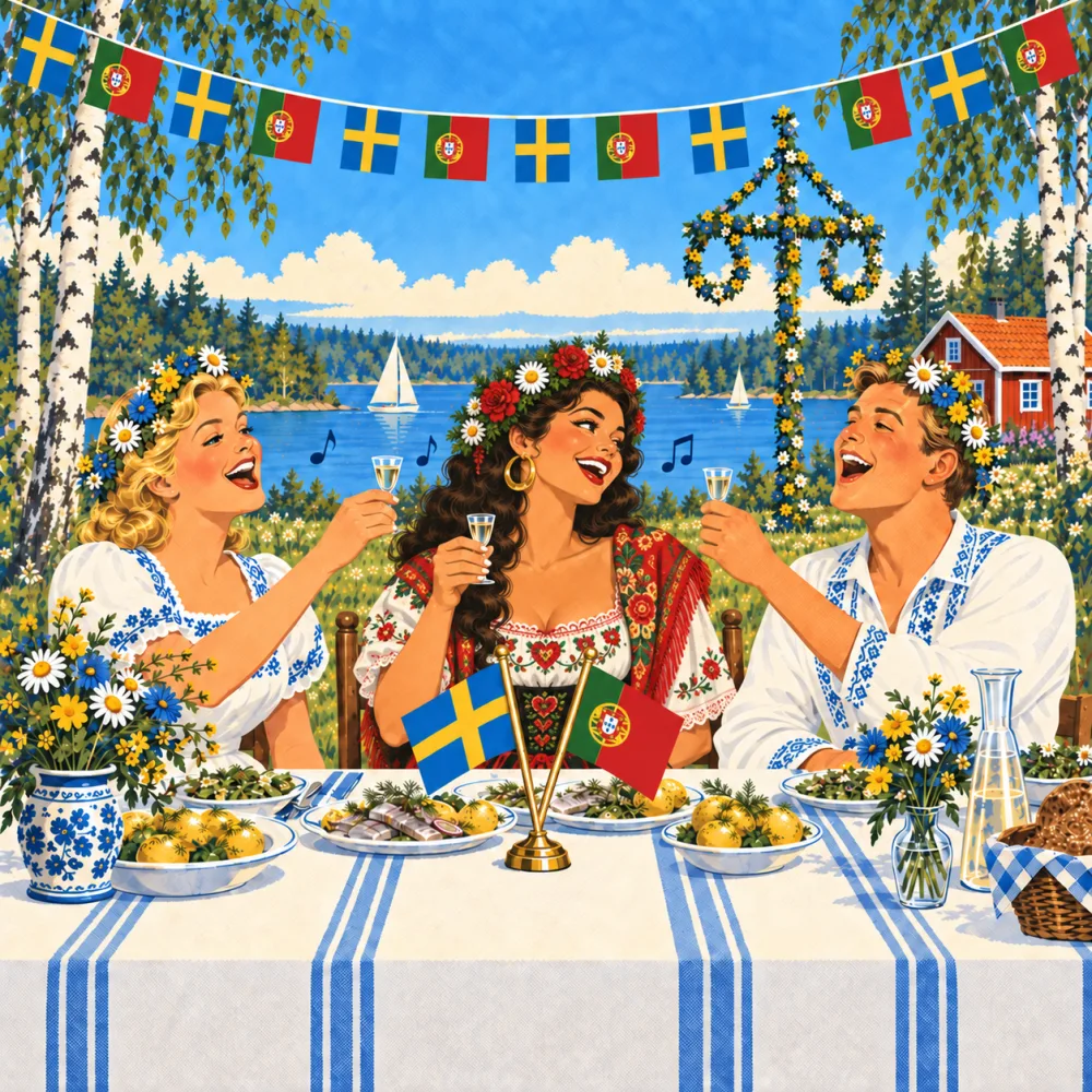Ilustração ao estilo de um cartaz turístico antigo: uma convidada portuguesa, de traje tradicional bordado, brincos de argola e coroa de flores, levanta um copinho de snaps entre dois anfitriões suecos que cantam à mesa de Midsommar, junto ao lago; sobre a mesa, as bandeiras da Suécia e de Portugal.