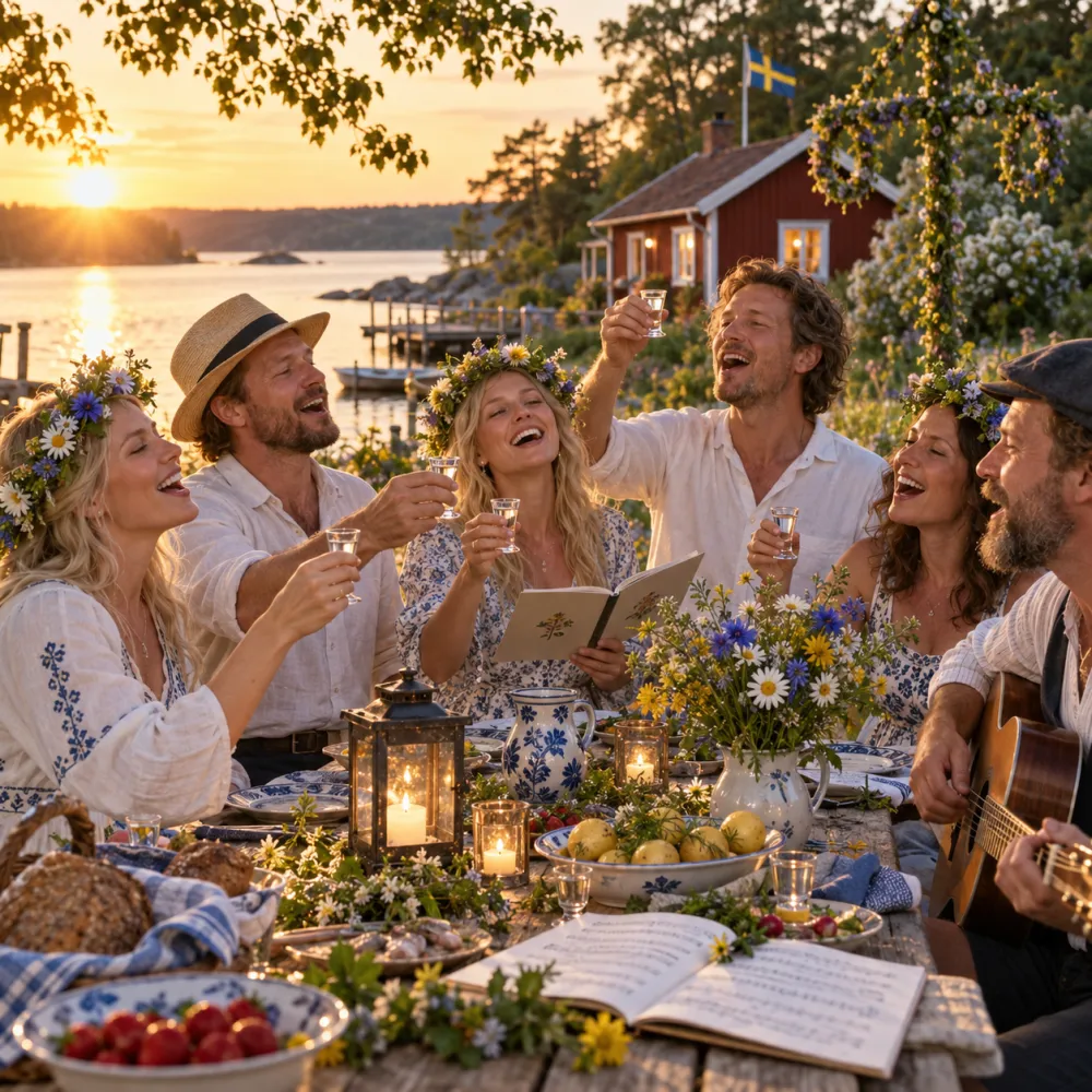 Vänner med blomsterkransar sjunger ur ett sånghäfte och höjer snapsglasen vid ett midsommarbord i kvällssol, med gitarr, lyktor och en röd stuga vid havet bakom.