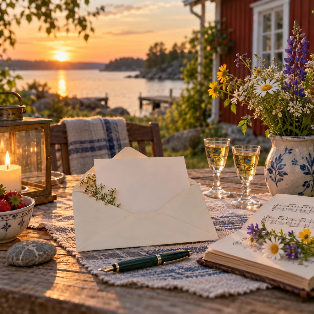 Ett öppet kuvert med ett brev och en reservoarpenna på ett träbord vid en sjö i kvällssol, bredvid en notbok, två snapsglas och sommarblommor.
